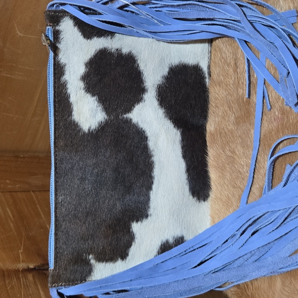 Western Linen Genuine Leather Blue Fringe Cow Print Crossbody Bag NWOT